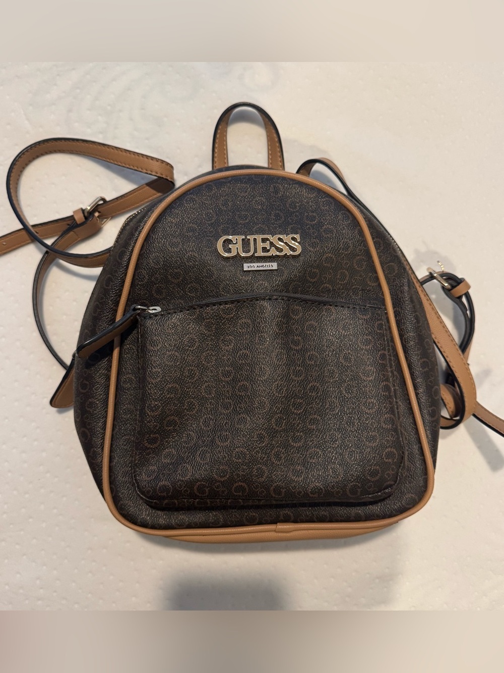 Guess Dark Brown Logo Mini Backpack with Tan Trim